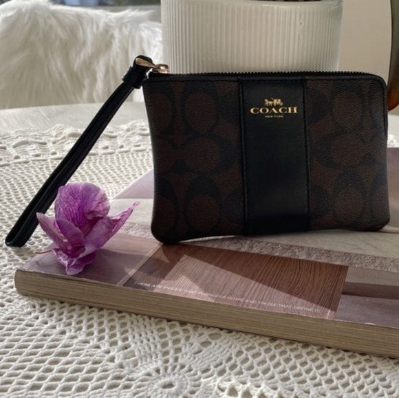 Coach Signature Black and Brown Wristlet - Picture 2 of 9
